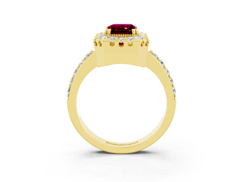 Yellow gold Emerald Cut Diamond Halo Ring with Pavé Band and Prong Setting_3