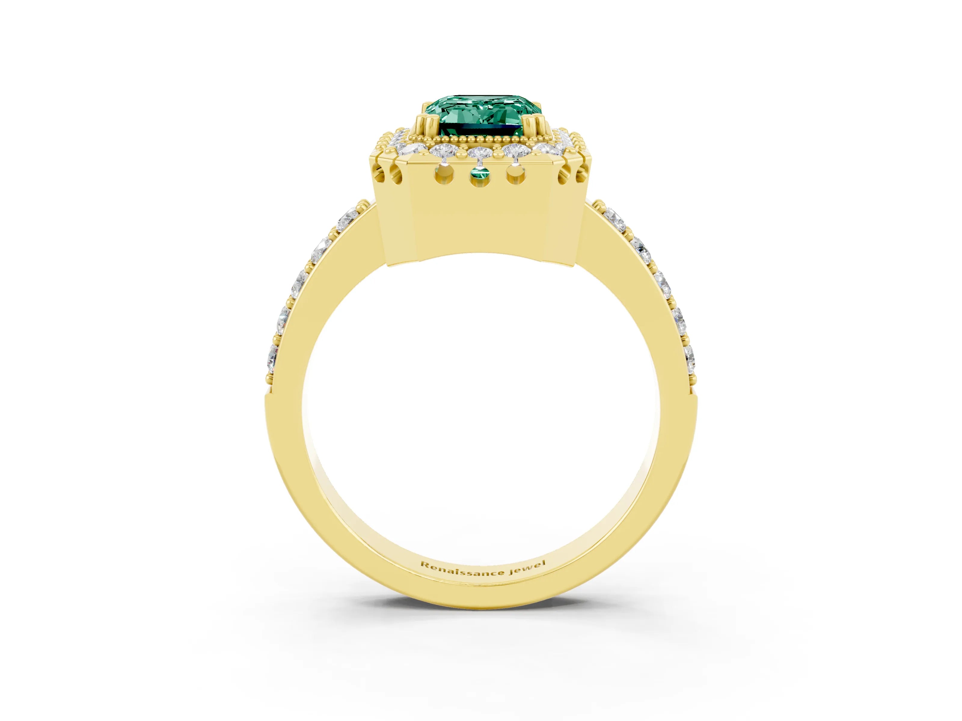 Yellow gold Emerald Cut Diamond Halo Ring with Pavé Band and Prong Setting_3