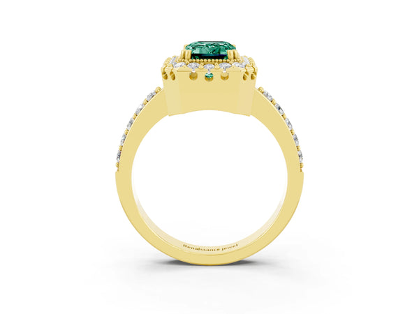 Yellow gold Emerald Cut Green Sapphire Halo Ring with Pavé Band and Prong Setting
