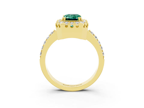 Yellow gold Emerald Cut Diamond Halo Ring with Pavé Band and Prong Setting_3
