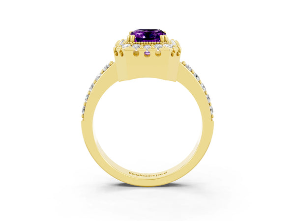 Yellow gold Emerald Cut Amethyst Halo Ring with Pavé Band and Prong Setting