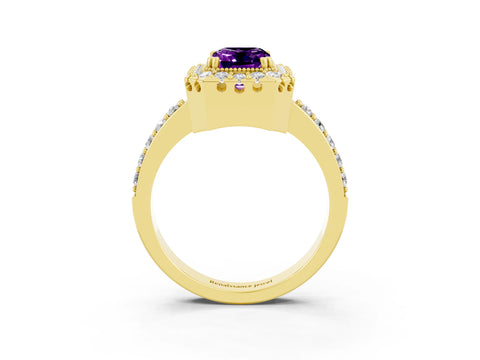 Yellow gold Emerald Cut Diamond Halo Ring with Pavé Band and Prong Setting_3