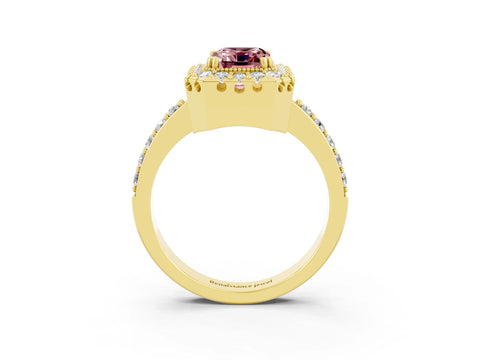 Yellow gold Emerald Cut Diamond Halo Ring with Pavé Band and Prong Setting_3
