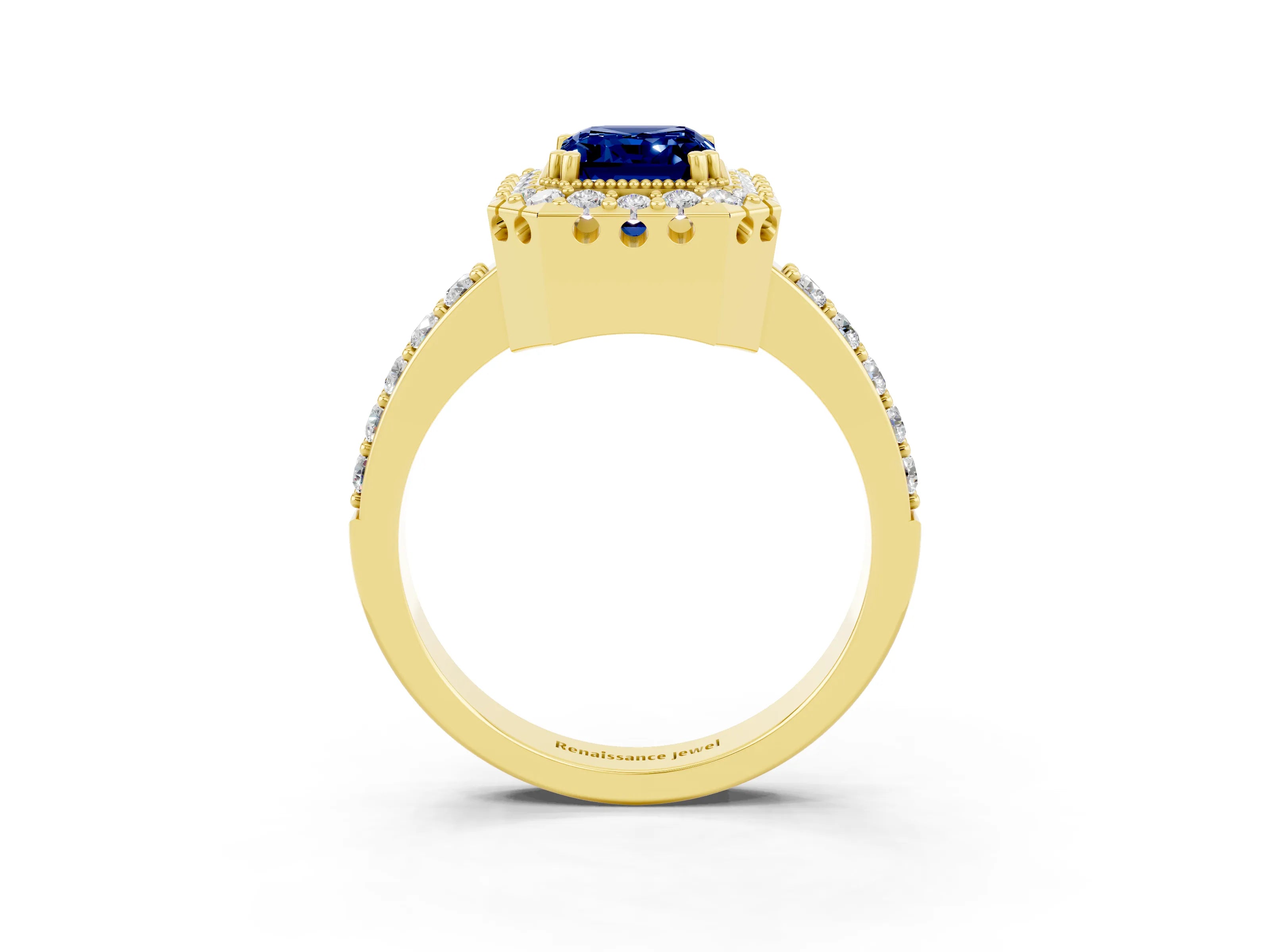 Yellow gold Emerald Cut Diamond Halo Ring with Pavé Band and Prong Setting_3