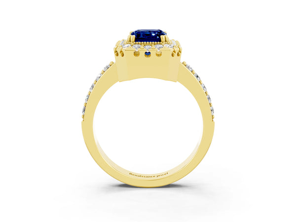 Yellow gold Emerald Cut Blue Sapphire Halo Ring with Pavé Band and Prong Setting