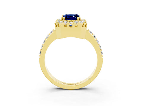 Yellow gold Emerald Cut Diamond Halo Ring with Pavé Band and Prong Setting_3
