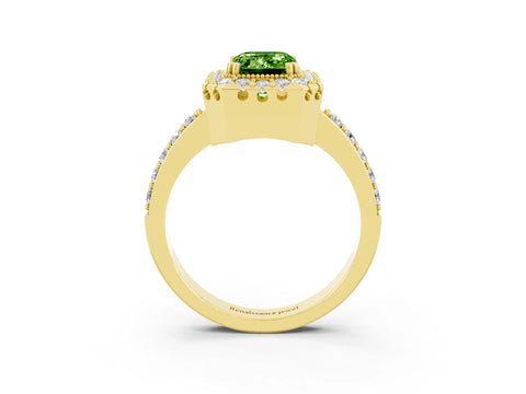 Yellow gold Emerald Cut Diamond Halo Ring with Pavé Band and Prong Setting_3