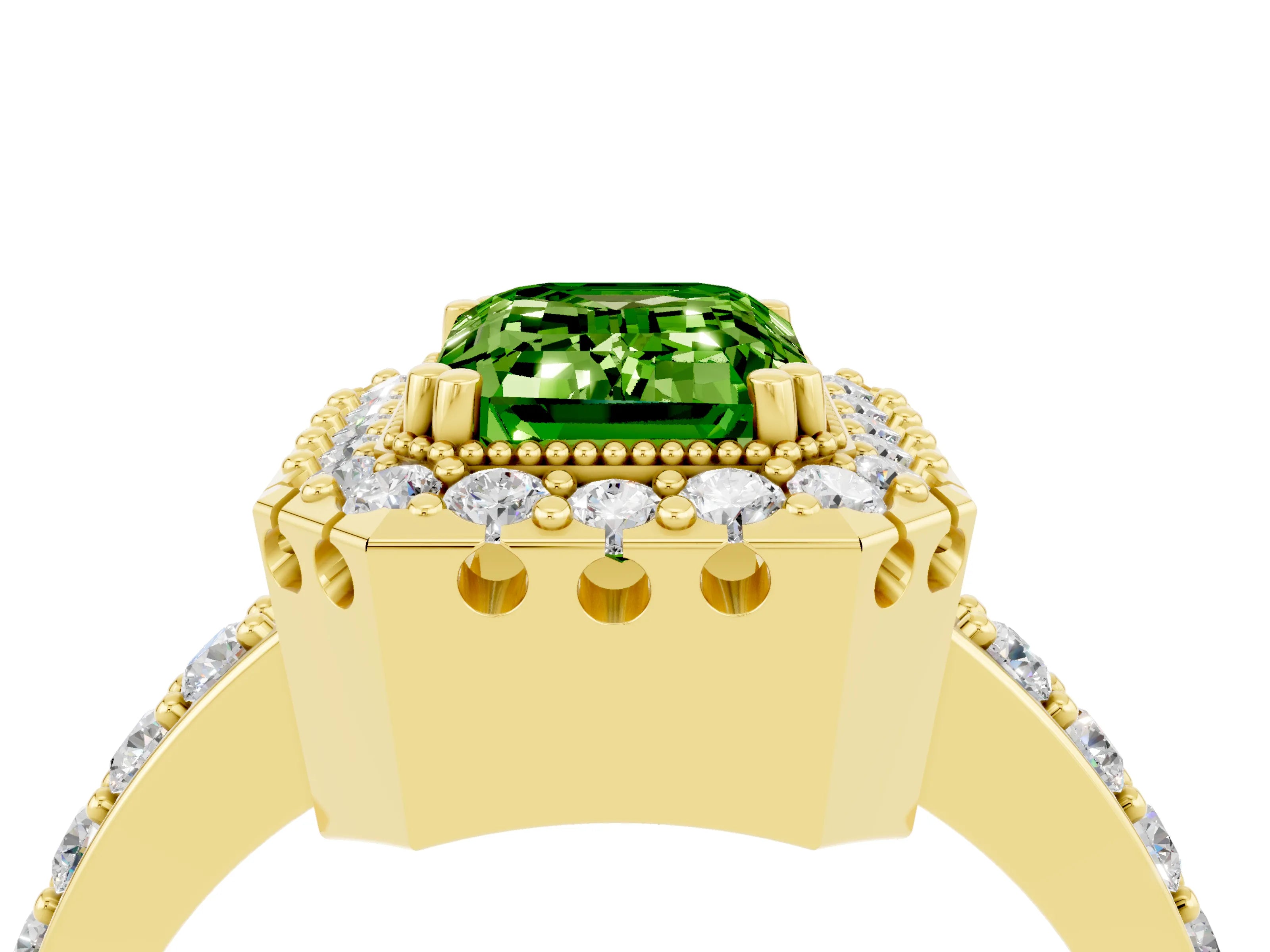Yellow gold Emerald Cut Diamond Halo Ring with Pavé Band and Prong Setting_4