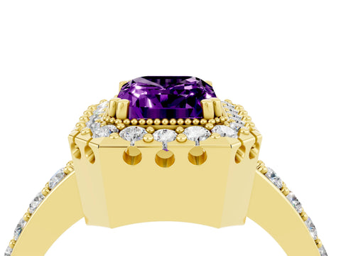 Yellow gold Emerald Cut Diamond Halo Ring with Pavé Band and Prong Setting_4