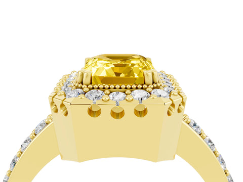 Yellow gold Emerald Cut Diamond Halo Ring with Pavé Band and Prong Setting_4