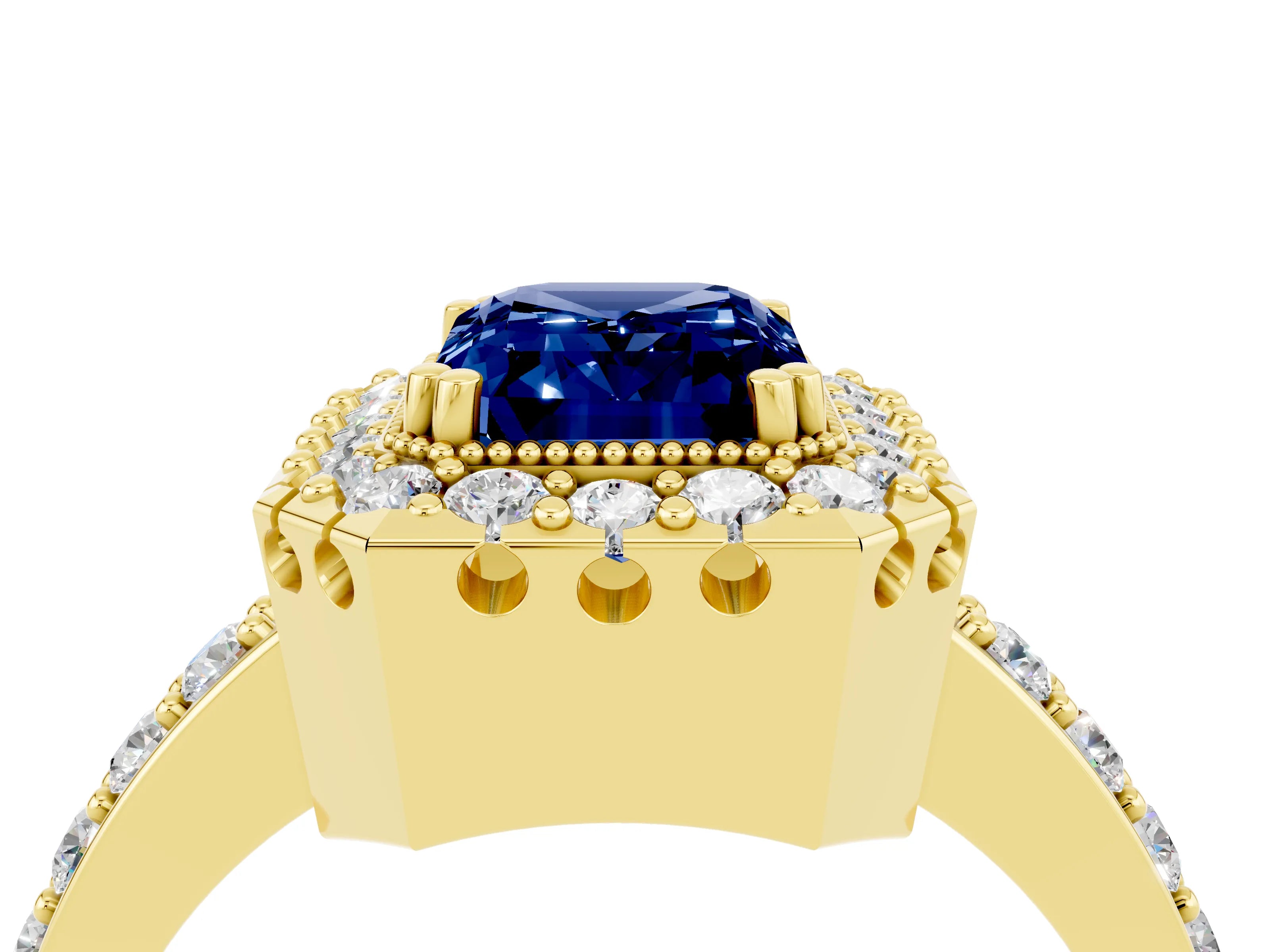 Yellow gold Emerald Cut Diamond Halo Ring with Pavé Band and Prong Setting_4