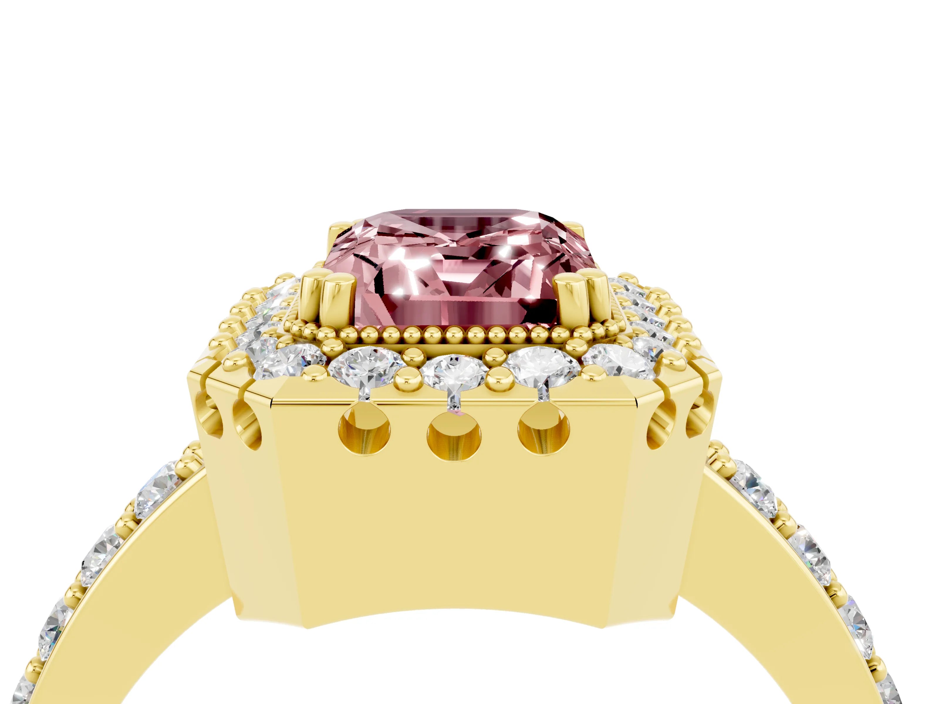 Yellow gold Emerald Cut Diamond Halo Ring with Pavé Band and Prong Setting_4