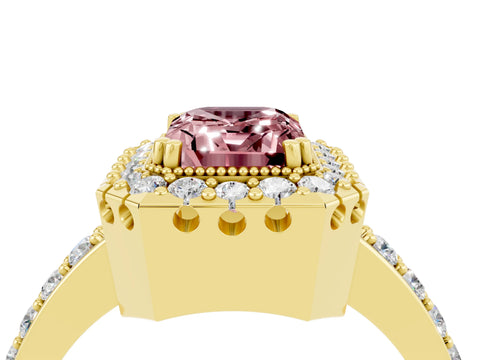 Yellow gold Emerald Cut Diamond Halo Ring with Pavé Band and Prong Setting_4