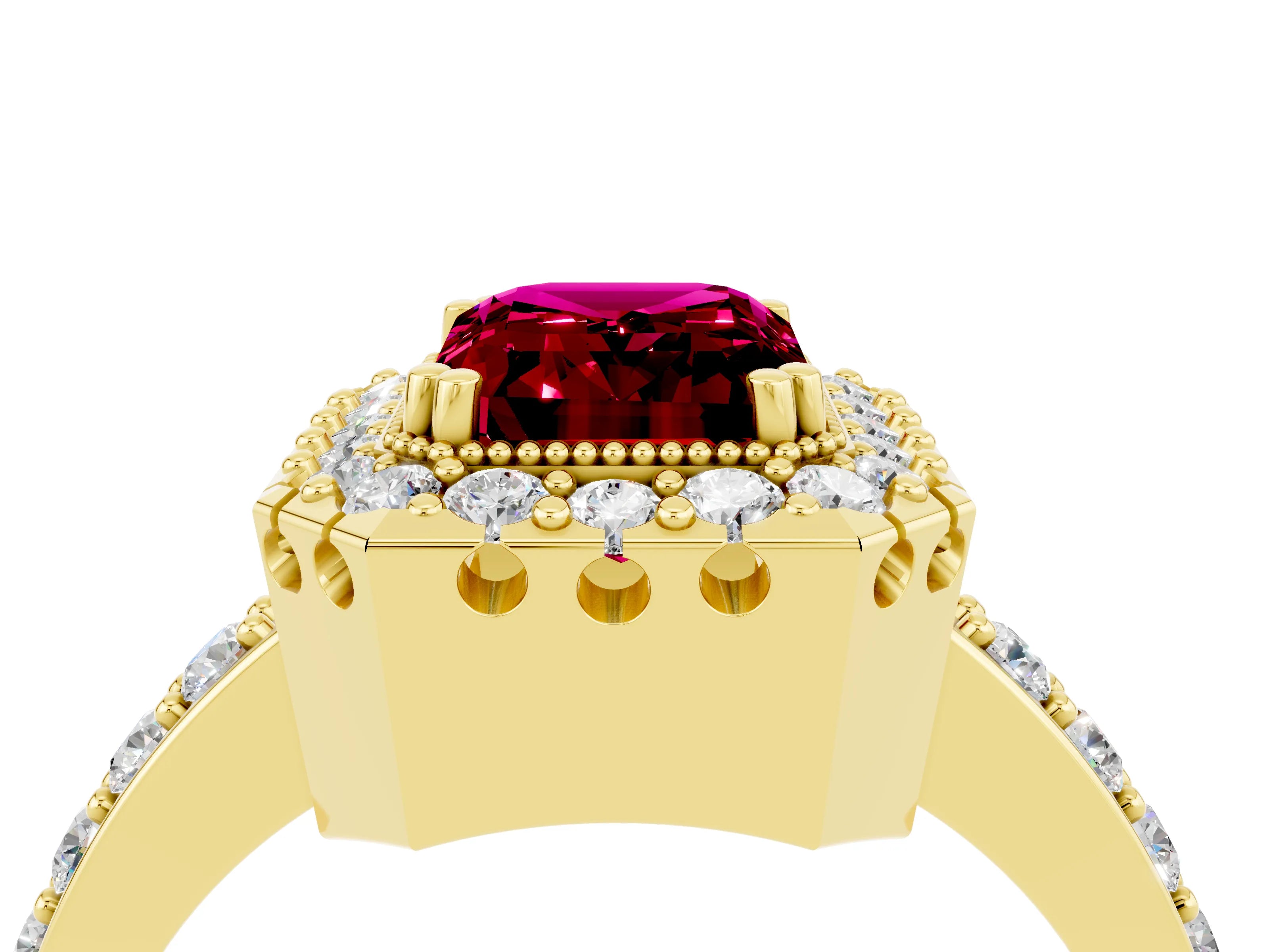 Yellow gold Emerald Cut Diamond Halo Ring with Pavé Band and Prong Setting_4