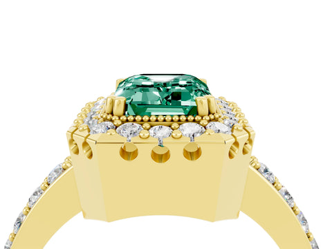 Yellow gold Emerald Cut Diamond Halo Ring with Pavé Band and Prong Setting_4