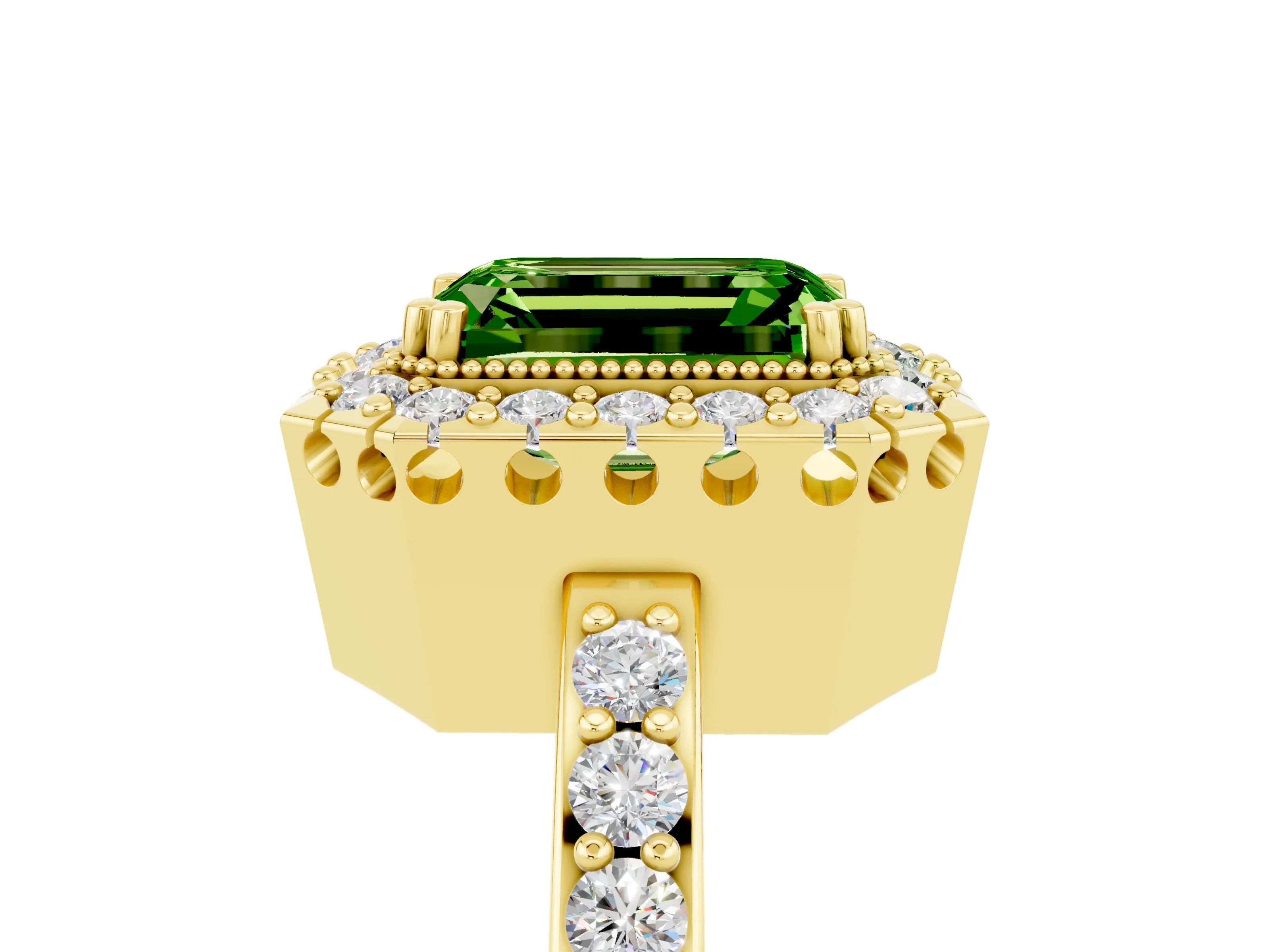 Yellow gold Emerald Cut Diamond Halo Ring with Pavé Band and Prong Setting_5