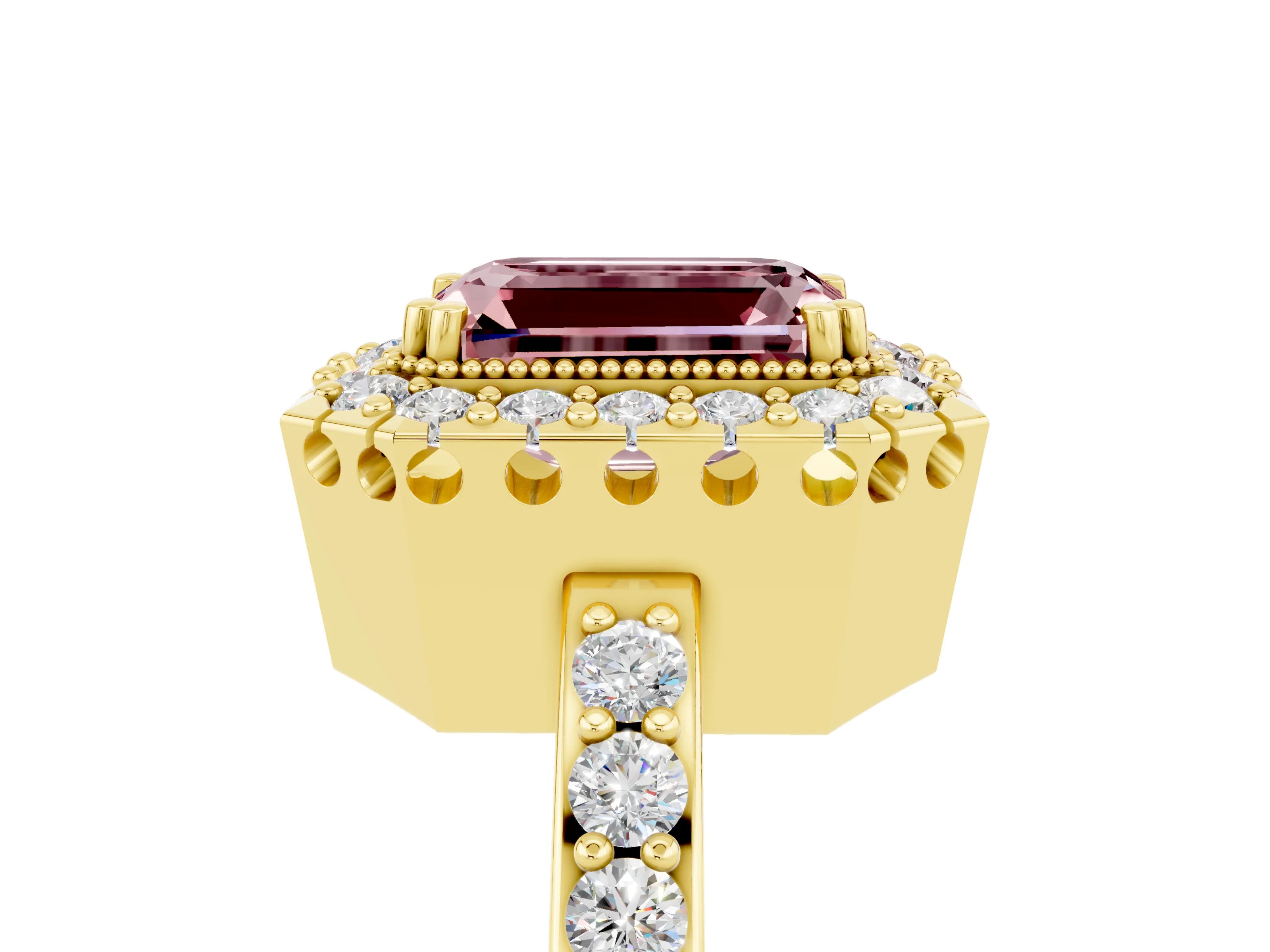 Yellow gold Emerald Cut Diamond Halo Ring with Pavé Band and Prong Setting_5