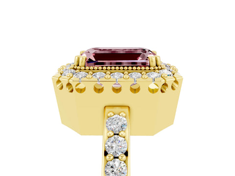 Yellow gold Emerald Cut Diamond Halo Ring with Pavé Band and Prong Setting_5