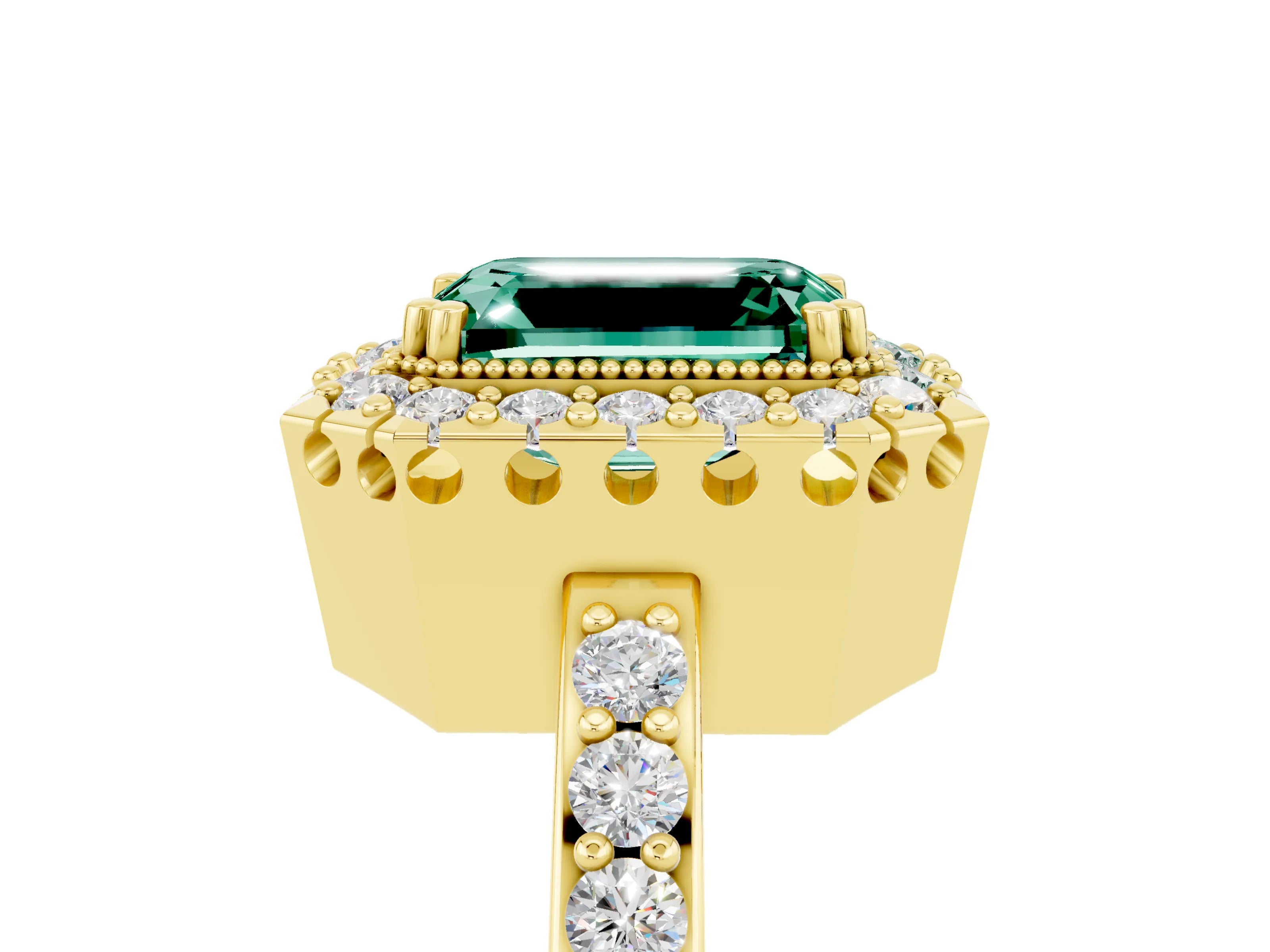Yellow gold Emerald Cut Diamond Halo Ring with Pavé Band and Prong Setting_5