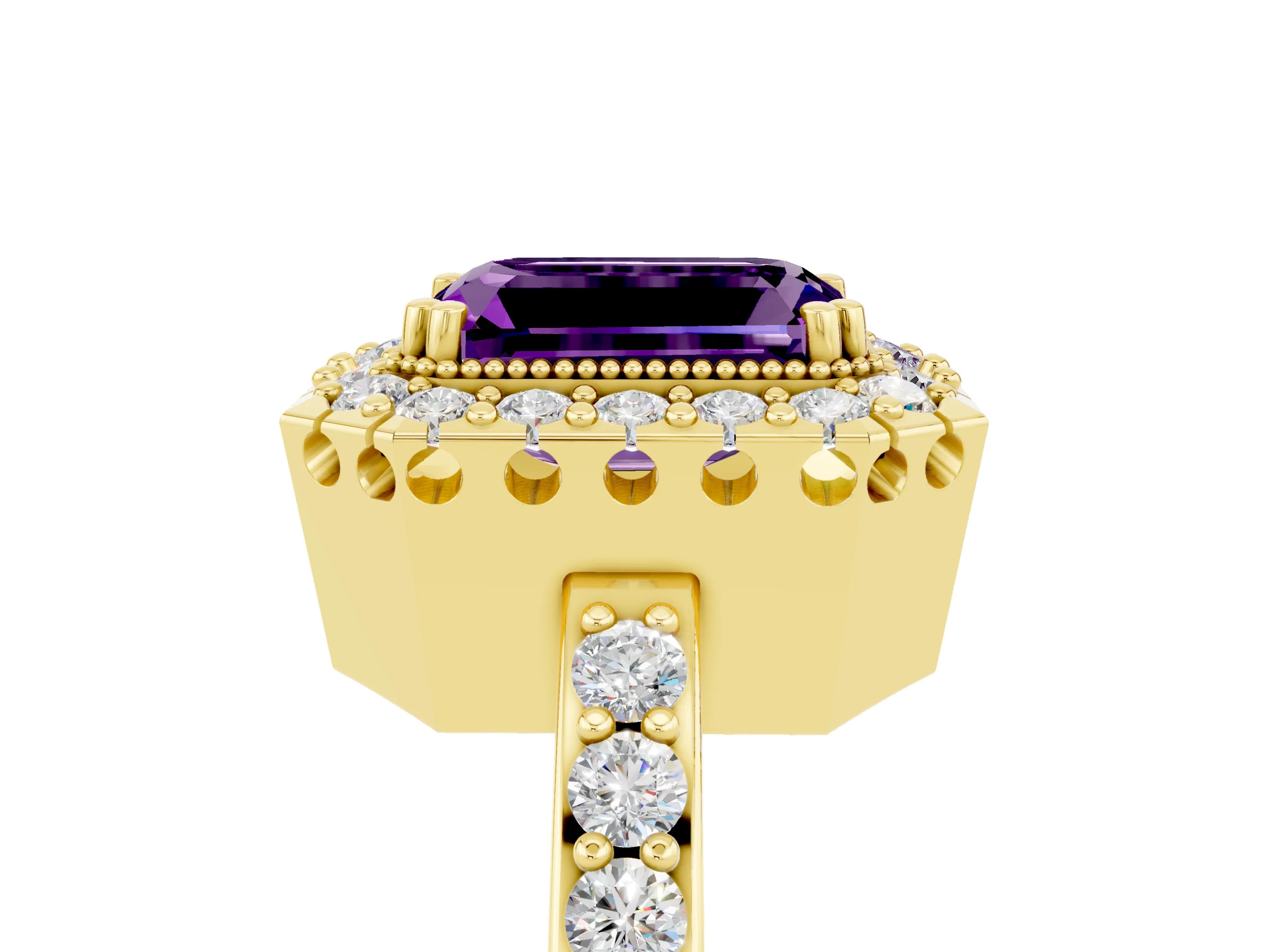 Yellow gold Emerald Cut Diamond Halo Ring with Pavé Band and Prong Setting_5