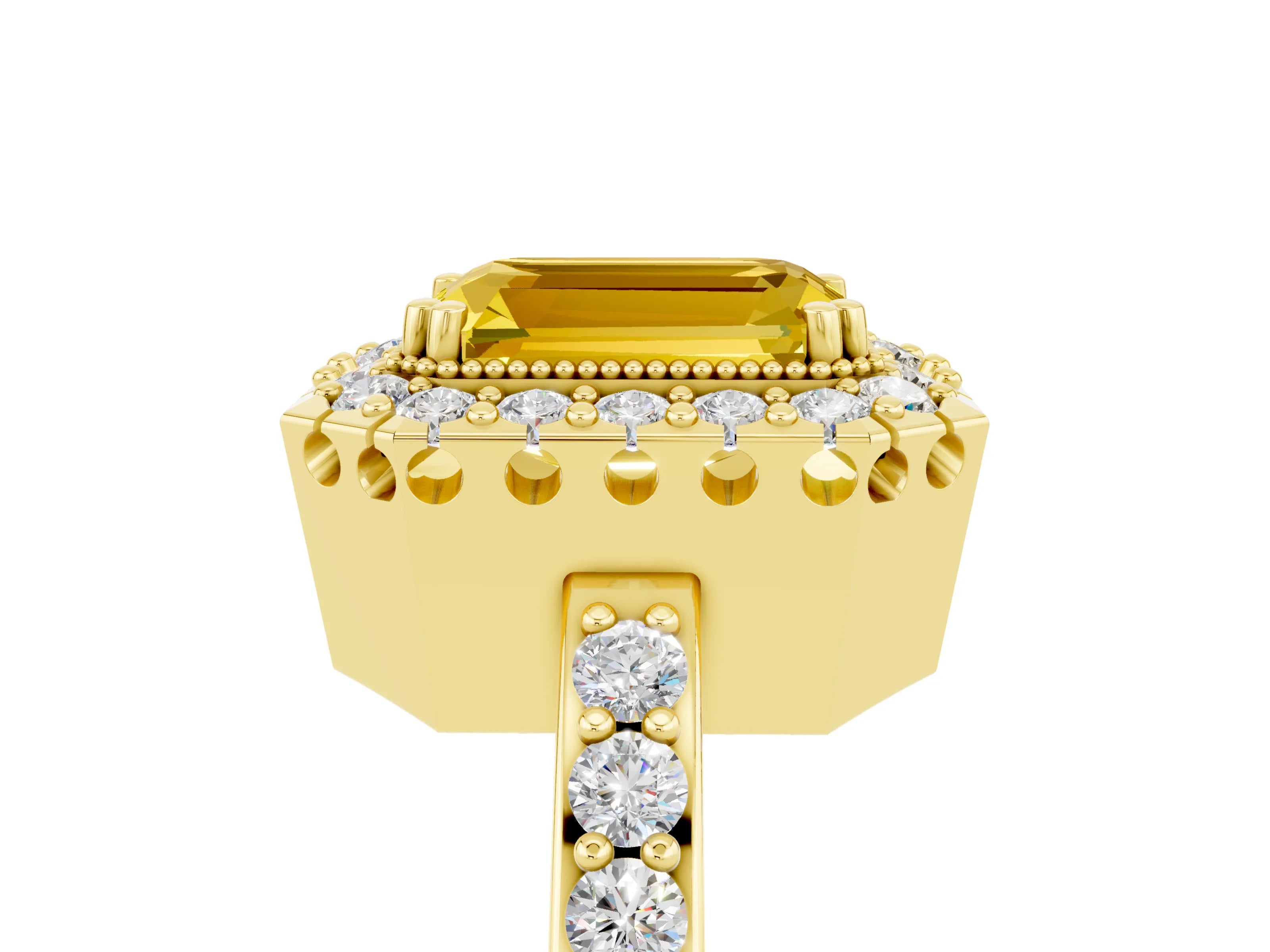 Yellow gold Emerald Cut Diamond Halo Ring with Pavé Band and Prong Setting_5