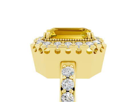 Yellow gold Emerald Cut Diamond Halo Ring with Pavé Band and Prong Setting_5