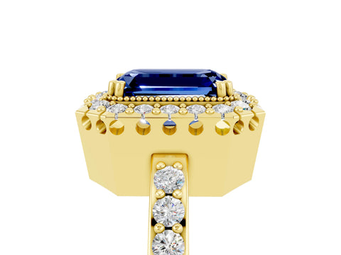 Yellow gold Emerald Cut Diamond Halo Ring with Pavé Band and Prong Setting_5