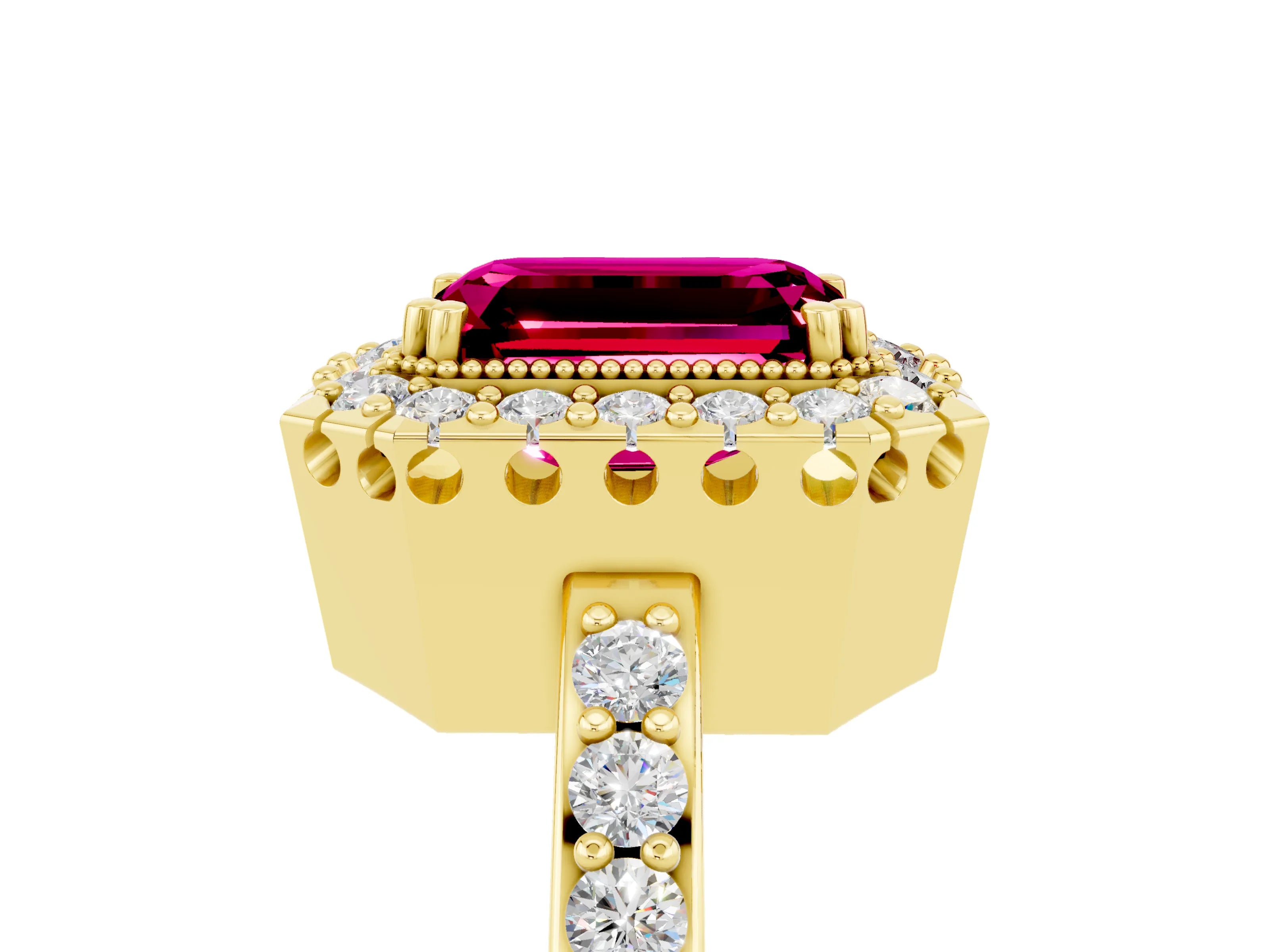 Yellow gold Emerald Cut Diamond Halo Ring with Pavé Band and Prong Setting_5