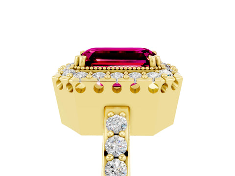 Yellow gold Emerald Cut Diamond Halo Ring with Pavé Band and Prong Setting_5