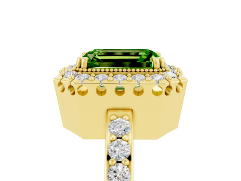 Yellow gold Emerald Cut Diamond Halo Ring with Pavé Band and Prong Setting_5