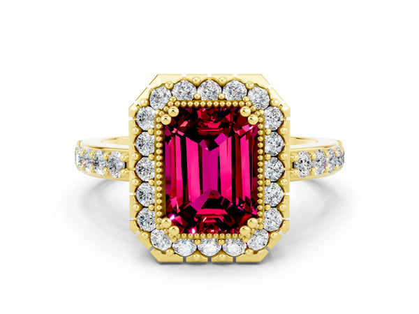 Yellow gold Emerald Cut Garnet Halo Ring with Pavé Band and Prong Setting
