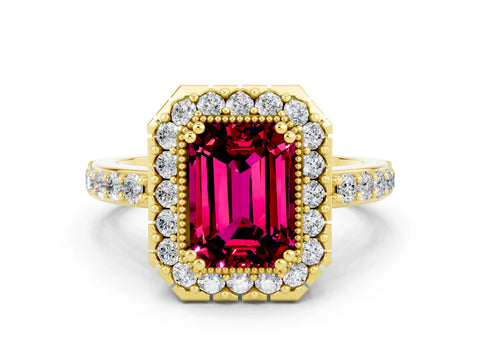 Yellow gold Emerald Cut Diamond Halo Ring with Pavé Band and Prong Setting