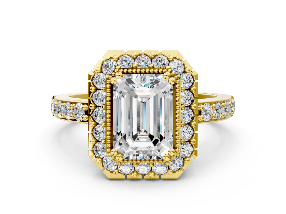 Yellow gold Emerald Cut Diamond Halo Ring with Pavé Band and Prong Setting_7