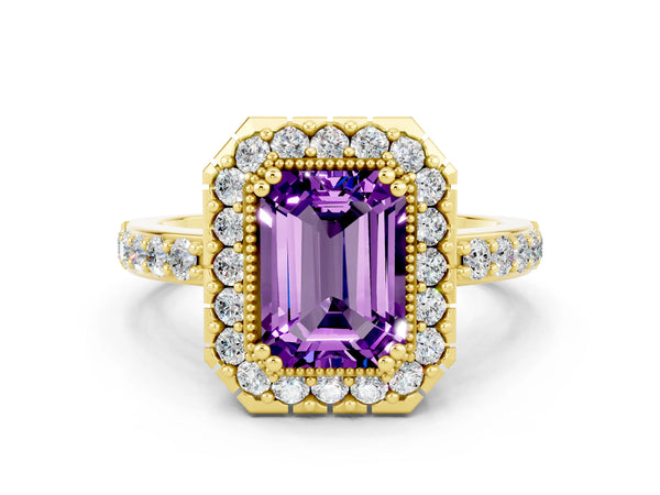Yellow gold Emerald Cut Amethyst Halo Ring with Pavé Band and Prong Setting
