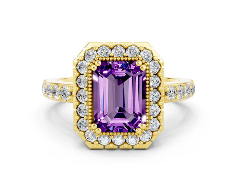 Yellow gold Emerald Cut Diamond Halo Ring with Pavé Band and Prong Setting