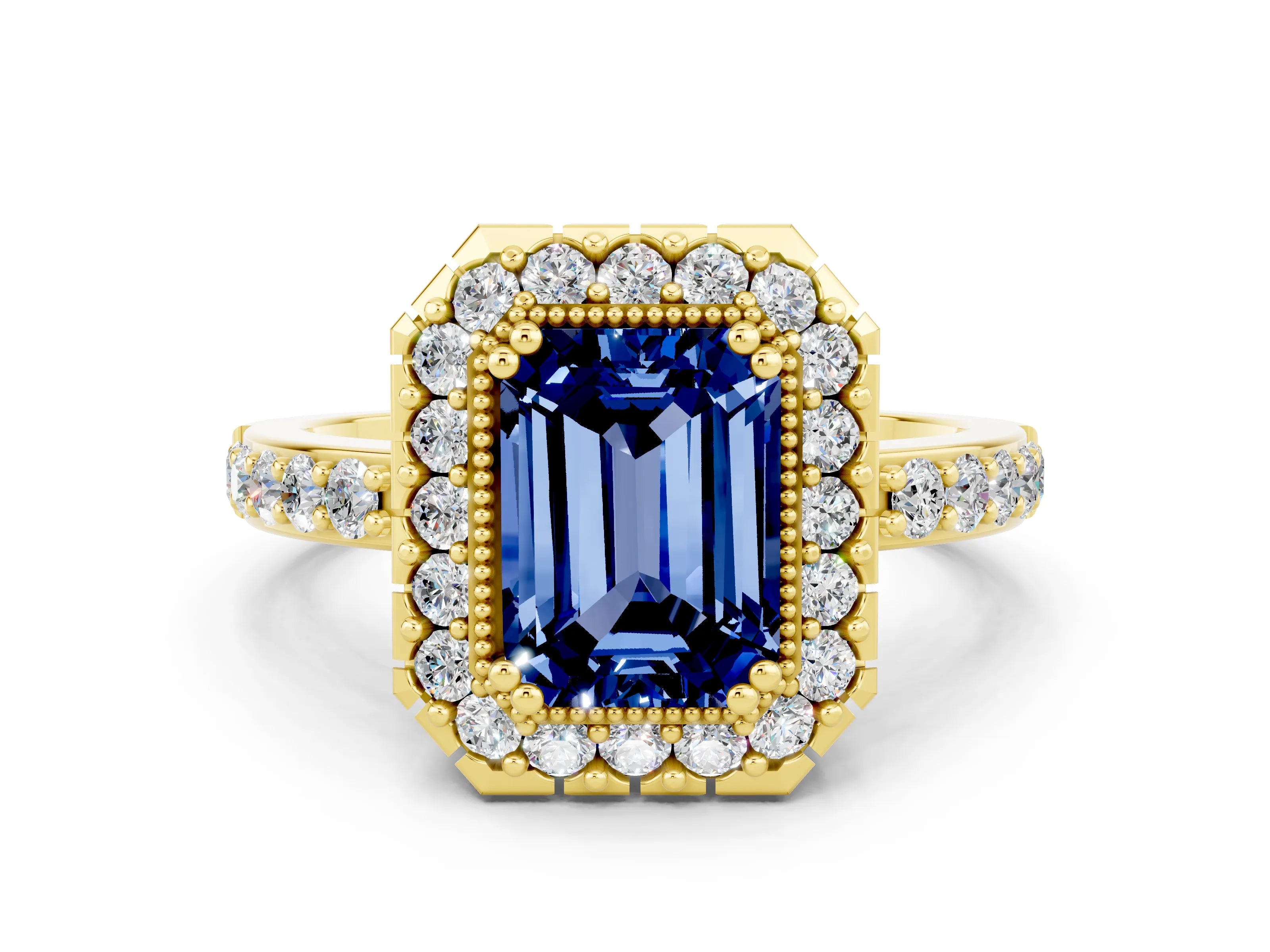 Yellow gold Emerald Cut Diamond Halo Ring with Pavé Band and Prong Setting