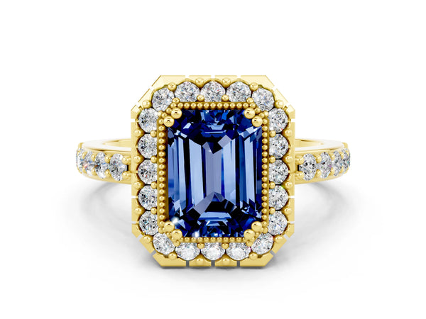 Yellow gold Emerald Cut Blue Sapphire Halo Ring with Pavé Band and Prong Setting