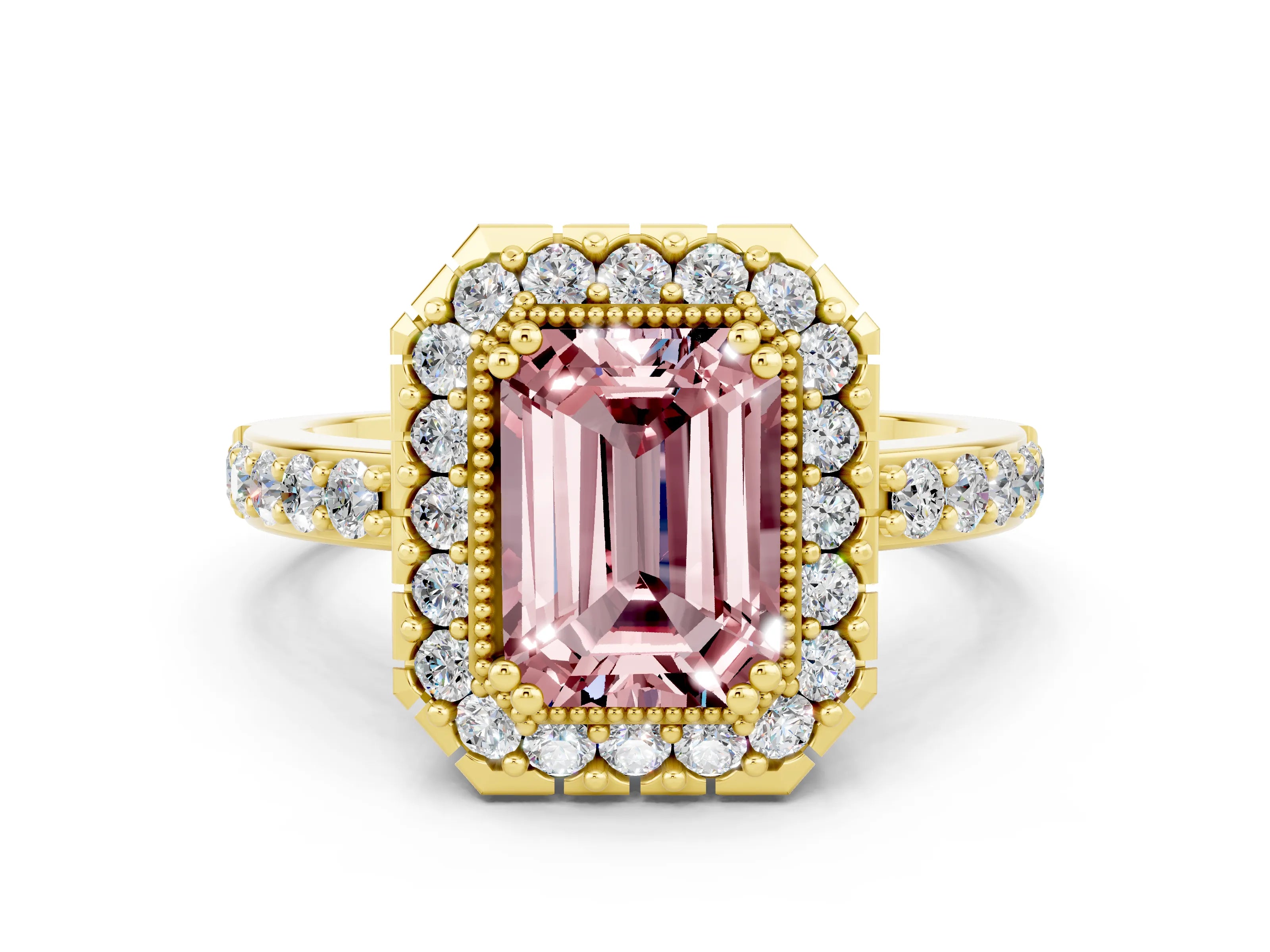 Yellow gold Emerald Cut Diamond Halo Ring with Pavé Band and Prong Setting