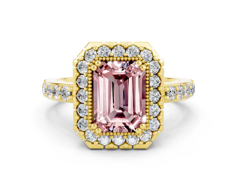 Yellow gold Emerald Cut Diamond Halo Ring with Pavé Band and Prong Setting