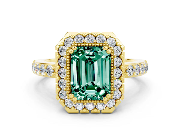 Yellow gold Emerald Cut Green Sapphire Halo Ring with Pavé Band and Prong Setting