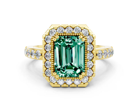 Yellow gold Emerald Cut Diamond Halo Ring with Pavé Band and Prong Setting