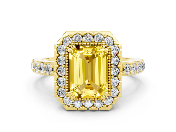 Yellow gold Emerald Cut Yellow Sapphire Halo Ring with Pavé Band and Prong Setting