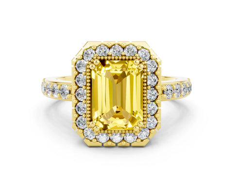 Yellow gold Emerald Cut Diamond Halo Ring with Pavé Band and Prong Setting