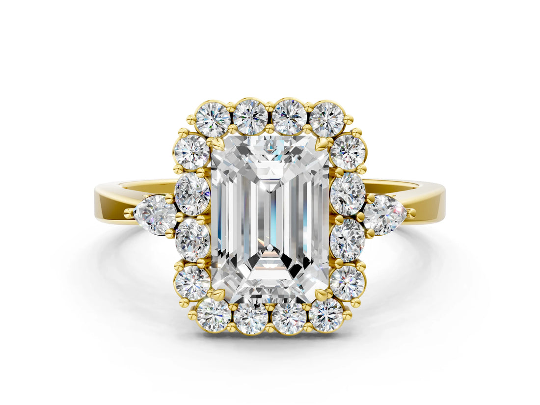 Yellow gold Emerald Cut Diamond Halo Ring with Pear Side Stones and Prong Setting_57