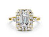 Yellow gold Emerald Cut Diamond Halo Ring with Pear Side Stones and Prong Setting_57