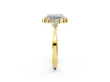 Yellow gold Emerald Cut Diamond Halo Ring with Pear Side Stones and Prong Setting_59