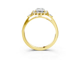 Yellow gold Emerald Cut Diamond Halo Ring with Pear Side Stones and Prong Setting_60