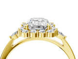 Yellow gold Emerald Cut Diamond Halo Ring with Pear Side Stones and Prong Setting_61