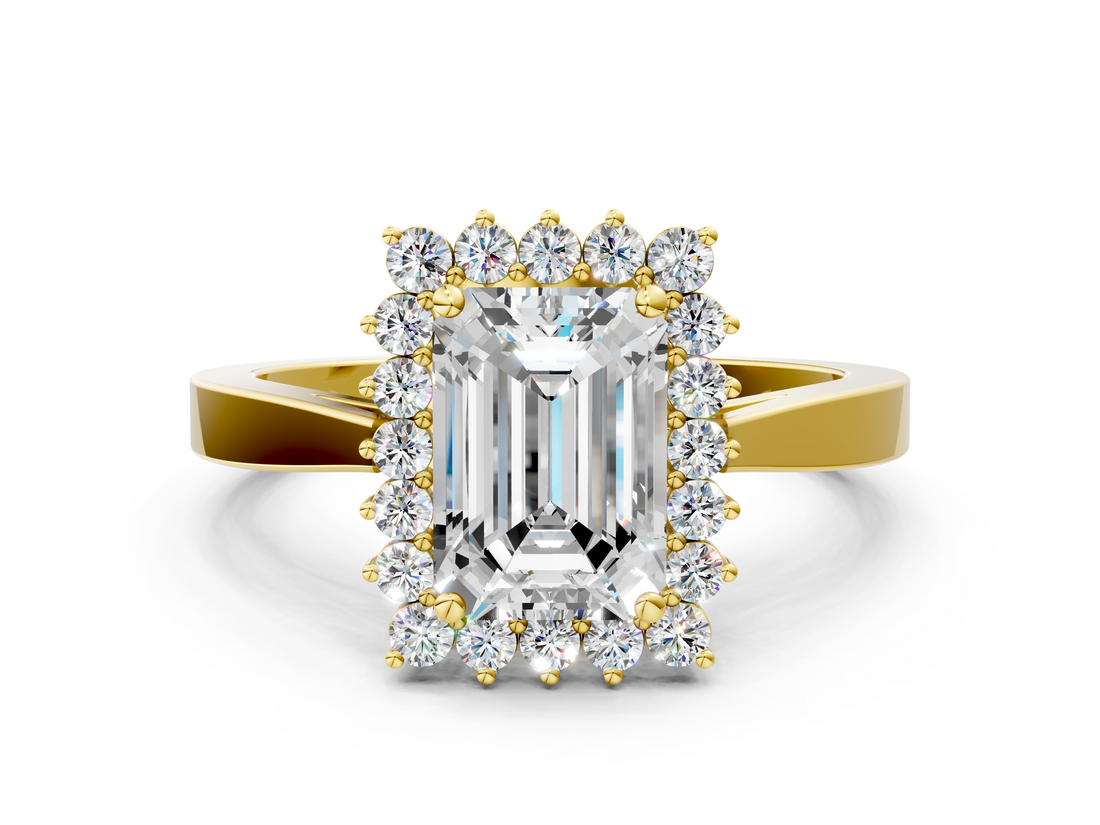 Yellow gold Emerald Cut Diamond Halo Ring with Round Brilliant Halo and Solitaire Band_102