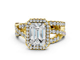 Yellow gold Emerald Cut Diamond Halo Ring with Round Split Shank and Prong Setting_36